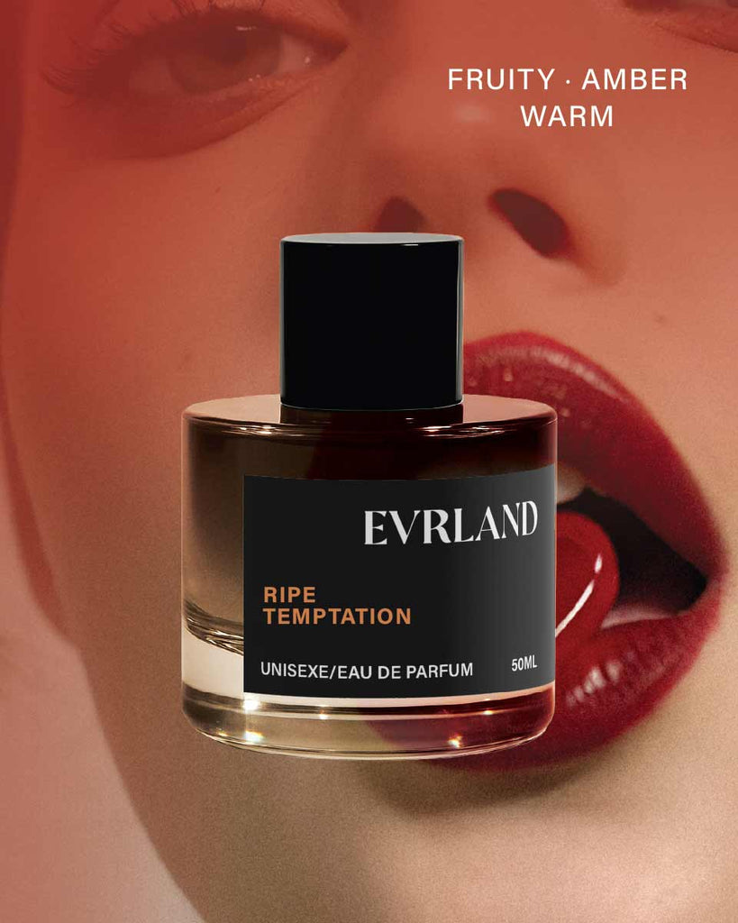 Perfume bottle labeled 'Evrland Ripe Temptation' with a blurred face in the background