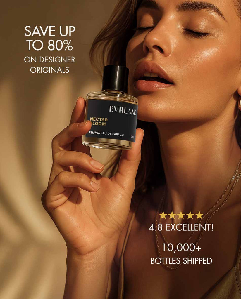Woman holding a bottle of Evrland perfume with promotional text on a warm background