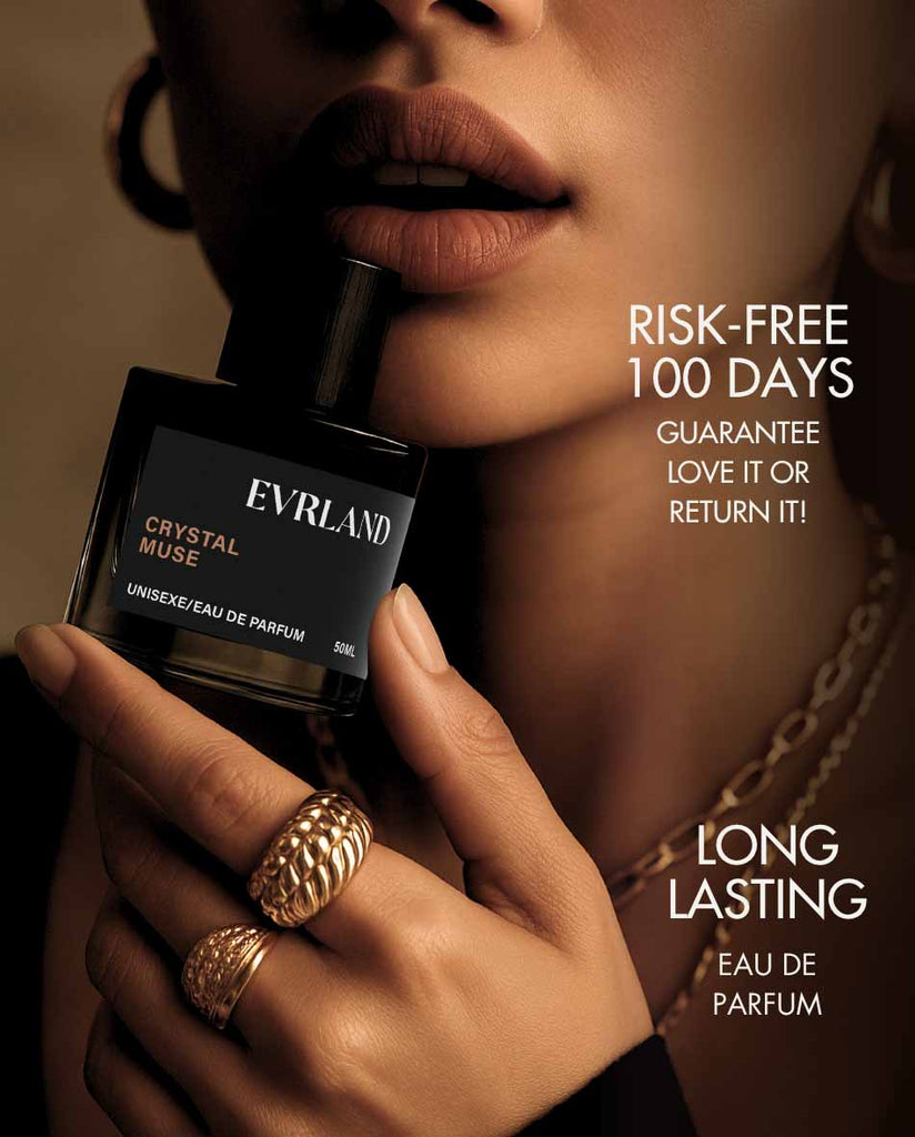 Person holding a black perfume bottle with promotional text on a brown background