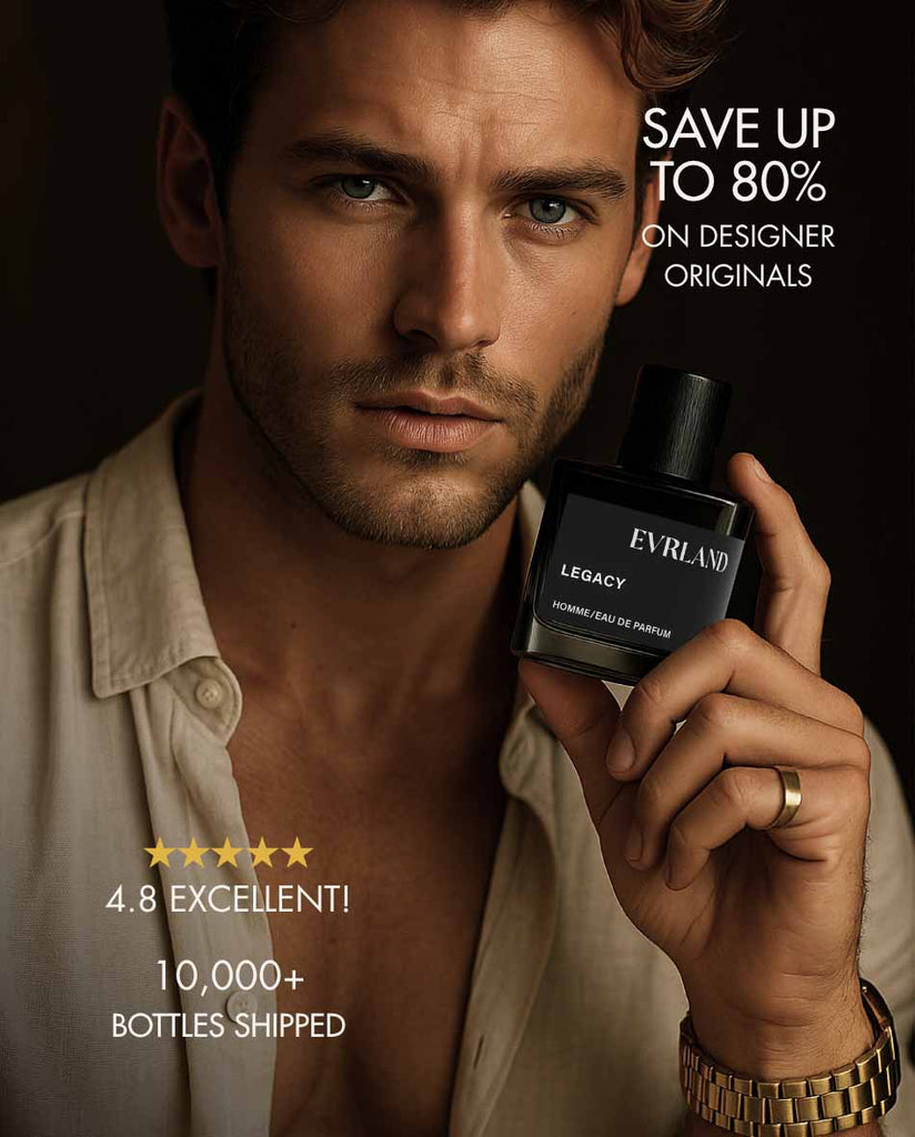 Man holding a Evrland Legacy perfume bottle with promotional text on a dark background